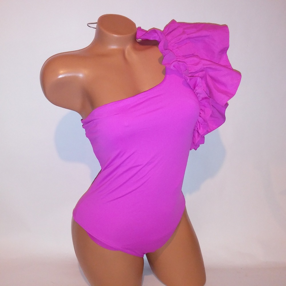 Zara Swim One Piece Medium Pink Ruffle Solid One Shoulder Wireless New